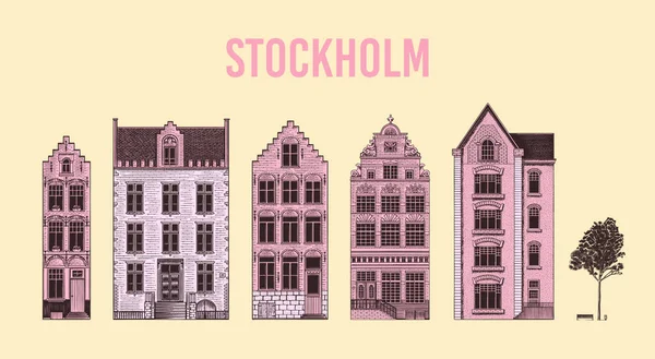 Amszterdami házak. Városi lakóépületek. Skandináv stílusban. Európai város. Kézzel rajzolt monokróm firka vektor illusztráció — Stock Vector