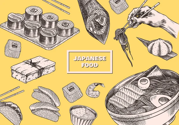 Japansk mataffisch. Sushi bar, nudlar, soppa i en skål, rulla och dessert, asiatiskt te. Sojasås. Handen håller ätpinnar. Ritad skiss till menyn. Enfärgad stil. Vektorillustration — Stock vektor