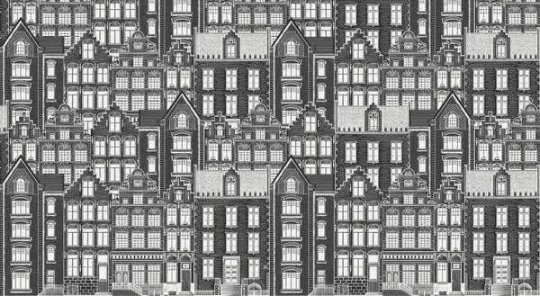 Les maisons d'Amsterdam. Bâtiments résidentiels urbains. Style scandinave. Ville européenne. Illustration vectorielle de doodle monochrome dessinée à la main — Image vectorielle