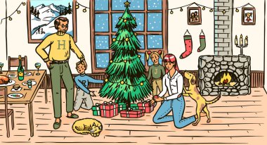 Aile Noel için ağacı dekore ediyor. Anne, baba, köpek, kedi ve çocuklar evlerinde şömineleri var. Sıcak bir atmosfer. Kış konsepti El çizimi eskiz. Klasik oymalı illüstrasyon