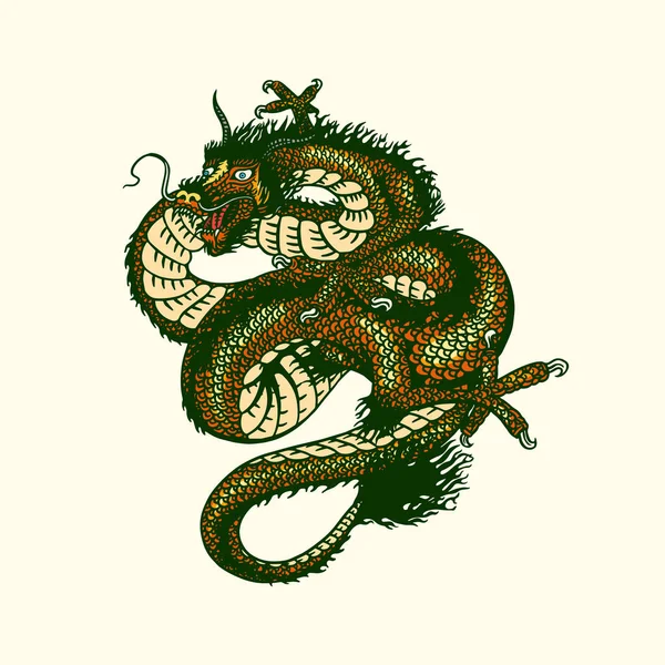 Japansk drake. Mytologiska djur eller asiatisk traditionell reptil. Symbol för tatuering eller etikett. Graverad handritad linjekonst Vintage gammal monokrom skiss, bläck. Vektorillustration. — Stock vektor