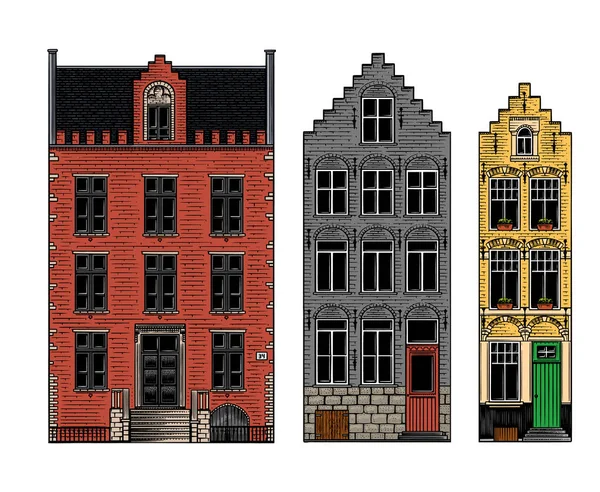 Casas de Amesterdão. Edifícios residenciais urbanos. Estilo escandinavo. Cidade europeia. ilustração do vetor monocromático desenhado à mão —  Vetores de Stock