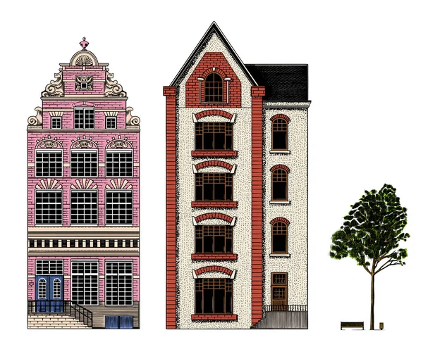 Casas de Ámsterdam. Edificios residenciales urbanos. Estilo escandinavo. Ciudad europea. Dibujado a mano monocromo doodle vector ilustración — Archivo Imágenes Vectoriales
