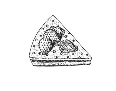 Böğürtlenli ve çilekli doğum günü pastası. Meyveli tatlı mı turta mı? El yapımı fırın ürünü. Üst Manzara. Vintage oymalı eskiz. Bir kafe ve restoran pankartı veya menüsü için vektör illüstrasyonu.