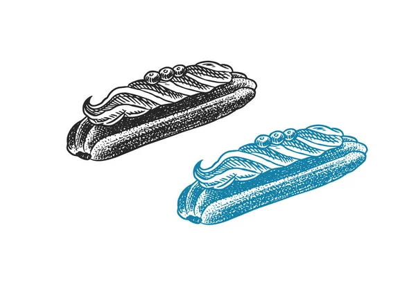 French Eclair. Dulce pastel. Producto de panadería elaborado a mano. Comida Dulce Celebratoria. Boceto grabado vintage. Ilustración vectorial para una pancarta o menú de un café y restaurante. — Vector de stock