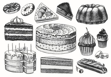 Cakes and cream tarts, fruit desserts and muffins. Chocolate Donuts, Sweet Food. Hand drawn pastries. Vintage engraved sketch. Vector illustration for a banner or menu of a cafe and restaurant. clipart