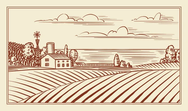 Pradera rural. Un paisaje de pueblo con colinas y una granja. Vista panorámica soleada del país. Dibujo grabado a mano. Banner rústico vintage para letrero de madera o insignia o etiqueta. — Vector de stock