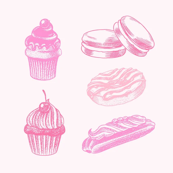 Pastel de chocolate con cerezas. Eclair y Donut y Macaroon. Producto de panadería elaborado a mano. Sweet Food. Boceto grabado vintage. Ilustración vectorial para una pancarta o menú de un café y restaurante. — Archivo Imágenes Vectoriales