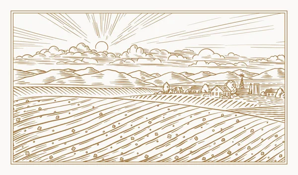 Prado rural. Uma paisagem de aldeia com colinas e uma fazenda. Vista panorâmica ensolarada do país. Desenho gravado à mão. Banner rústico vintage para sinal de madeira ou crachá ou rótulo. —  Vetores de Stock