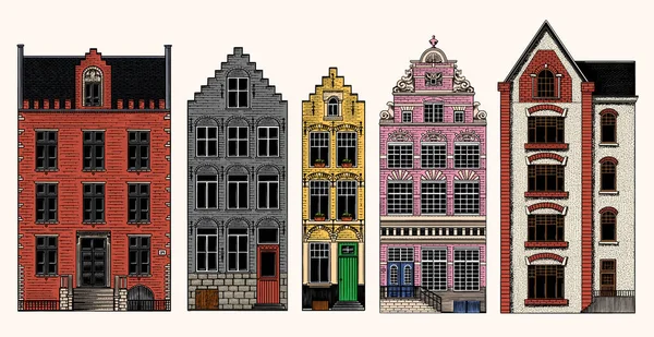 Casas de Ámsterdam. Edificios residenciales urbanos. Estilo escandinavo. Ciudad europea. Dibujado a mano monocromo doodle vector ilustración — Archivo Imágenes Vectoriales