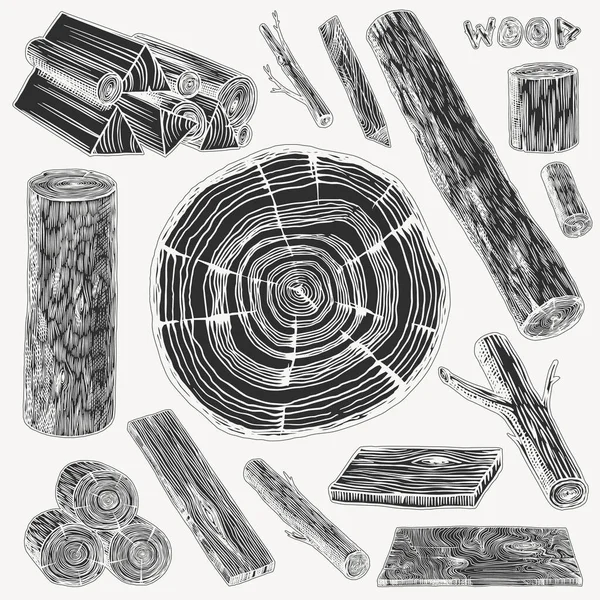 Wood set. Planks and logs, lumber and Cuts, Firewood in vintage style. Pieces of Tree. Vector illusion for signboard, labels, logo or banner. Campfire material. Engraved Hand drawn sketch. — Stock Vector