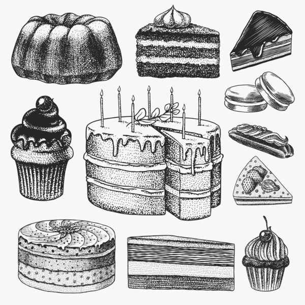 Kekler ve kremalı turtalar, meyveli tatlılar ve kekler. Çikolatalı çörek, tatlı yemek. El yapımı pastalar. Vintage oymalı eskiz. Bir kafe ve restoran pankartı veya menüsü için vektör illüstrasyonu. — Stok Vektör