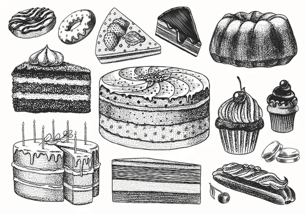 Pasteles y tartas de crema, postres de frutas y magdalenas. Donuts de chocolate, Sweet Food. Pasteles hechos a mano. Boceto grabado vintage. Ilustración vectorial para una pancarta o menú de un café y restaurante. — Vector de stock