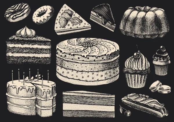 Gâteaux et tartes à la crème, desserts aux fruits et muffins. Donuts au chocolat, Sweet Food. Pâtisseries dessinées à la main. Croquis gravé vintage. Illustration vectorielle pour une bannière ou un menu d'un café et d'un restaurant. — Image vectorielle