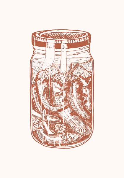 Röd varm chili paprika och glasburk i vintage stil. Salladsingredienser. Gårdsgrönsaker. Vektorillustration. Handritad graverad retroskiss. Doodle-stil — Stock vektor