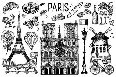 Paris klasik retro tarzında ayarlandı. Fransa, Eyfel Kulesi ve binalar. Retro karalama elementleri. Vektör çizimi. Elle çizilmiş retro çizim. Antika eski monokrom tarzı.