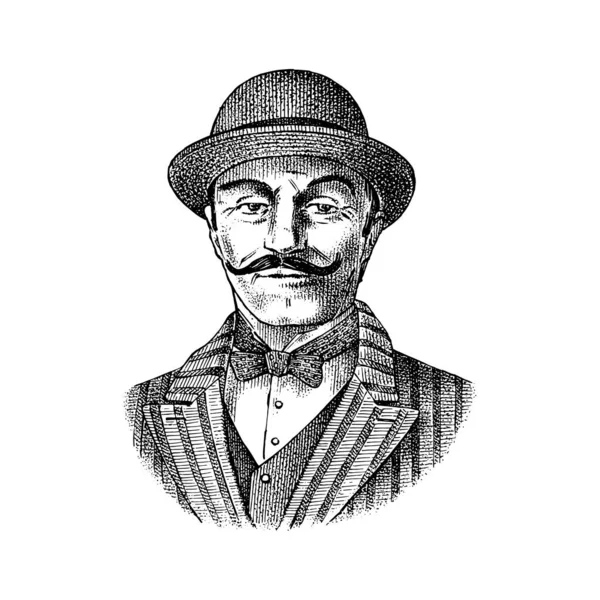 Um cavalheiro vitoriano. Homem belga com bigode. Homem elegante em estilo retrô vintage. Ilustração vetorial. Esboço retrô gravado à mão. Personagem monocromático antigo —  Vetores de Stock