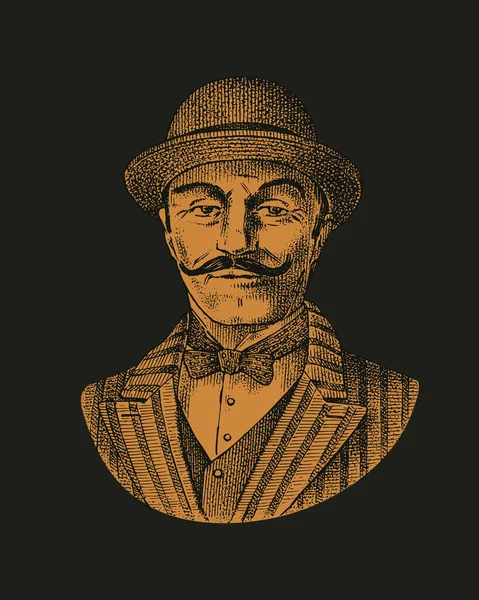 Caballero victoriano. Un belga con bigote. Elegante hombre de estilo retro vintage. Ilustración vectorial. Dibujo retro grabado a mano. Antiguo carácter monocromo — Archivo Imágenes Vectoriales