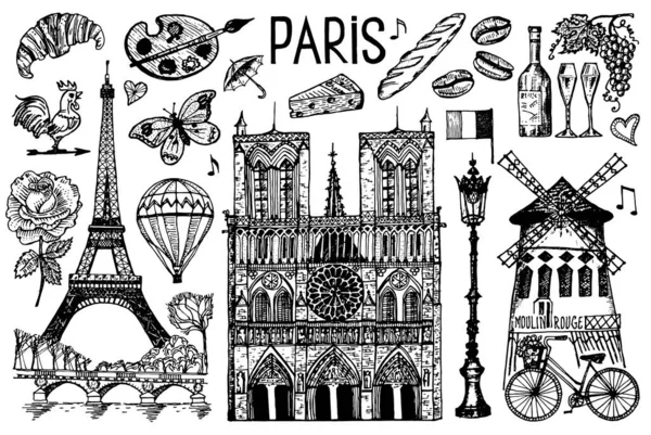 París ambientado en estilo retro vintage. Francia, torre eiffel y edificios. Elementos de garabato retro. Ilustración vectorial. Dibujo retro grabado a mano. Antiguo estilo monocromo antiguo. — Archivo Imágenes Vectoriales