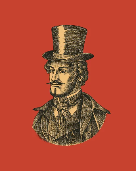 维多利亚时代的绅士,戴着帽子,留着胡子.老式复古风格的男人。矢量图解。古色古香的单色人物.手工绘出的复古草图. — 图库矢量图片