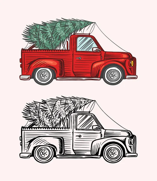 Bilen med en julgran. Spruce i bagaget på lastbilen. Leveranskoncept. Vektorillustration för etikett, märke, logotyp, vykort eller banner. Handritad Vintage graverad skiss. — Stock vektor