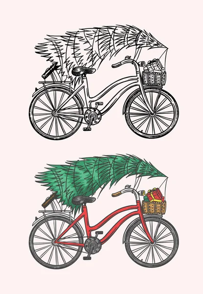 Bicicleta con árbol de Navidad. Abeto en el equipaje de la moto. Concepto de entrega. Ilustración vectorial para etiqueta, insignia, logotipo, postal o banner. Dibujo grabado a mano Vintage. — Vector de stock