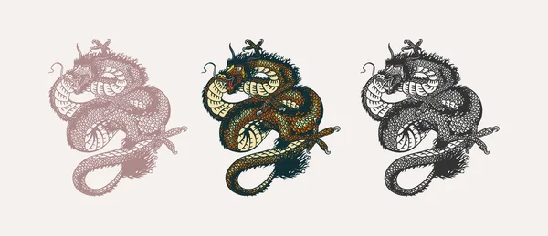 Japansk drake. Mytologiska djur eller asiatisk traditionell reptil. Symbol för tatuering eller etikett. Graverad handritad linjekonst Vintage gammal monokrom skiss, bläck. Vektorillustration. — Stock vektor