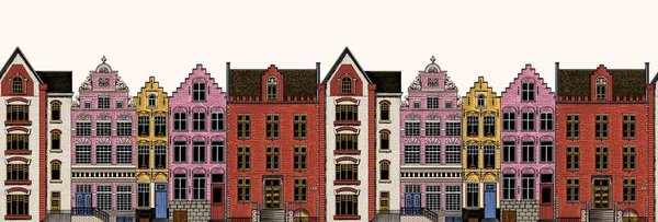Amsterdam abrite un motif sans couture. Bâtiments résidentiels urbains. Style scandinave. Ville européenne. Illustration vectorielle de doodle monochrome dessinée à la main — Image vectorielle