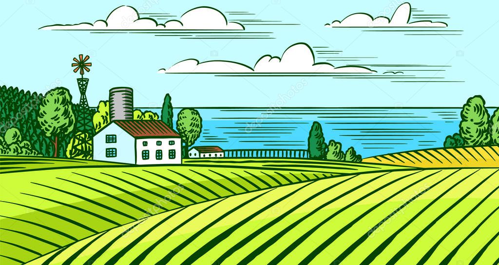 Rural meadow. Village landscape with cows, hills and a farm. Sunny scenic view. Hand drawn engraved sketch. Vintage banner for wooden sign or badge or label. Vector illustration