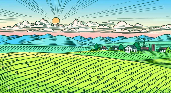 Kırsal çayır. Tepeleri ve çiftliği olan bir köy manzarası. Güneşli manzaralı köy manzarası. Elle çizilmiş bir eskiz. Ahşap tabela, rozet veya etiket için klasik kırsal pankart. — Stok Vektör