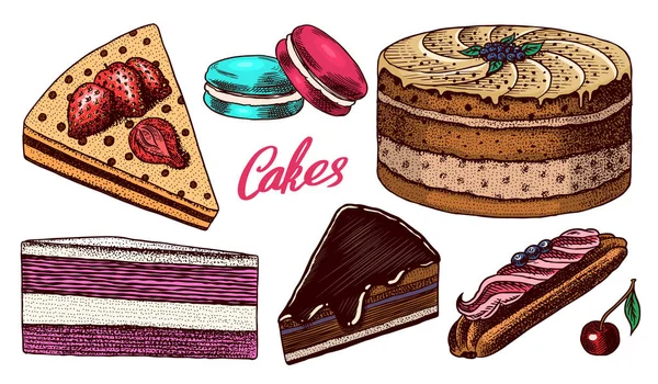 Gâteaux et tartes à la crème, desserts aux fruits et muffins. Donuts au chocolat, Sweet Food. Pâtisseries dessinées à la main. Croquis gravé vintage. Illustration vectorielle pour une bannière ou un menu d'un café et d'un restaurant. — Image vectorielle