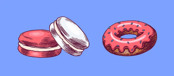 Donut y macarrón. Producto de panadería elaborado a mano. Sweet Food. Boceto grabado vintage. Ilustración vectorial para una pancarta o menú de un café y restaurante. — Vector de stock