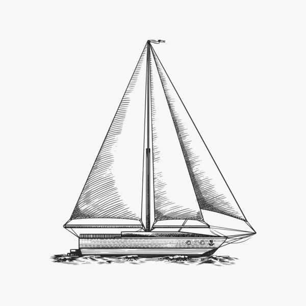 Velero en el mar, aventura de verano, vacaciones activas. Buques de navegación marítima, buques marinos o caravanas náuticas. Transporte de agua en el océano para marinero y capitán. Mano grabada dibujada en estilo vintage. — Archivo Imágenes Vectoriales