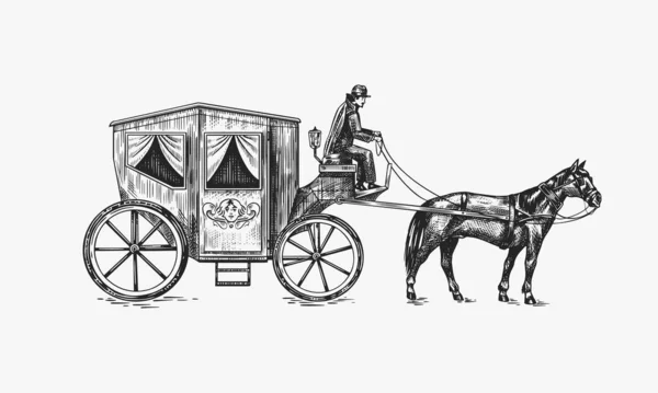 Carruagem de cavalo. Um cocheiro numa velha carruagem vitoriana. Transporte público de animais. Desenho gravado à mão. Vintage retro ilustração. — Vetor de Stock