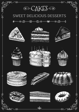 Pasta menüsü. El yapımı fırın ürünü. Tahtada tatlı yemek. Klasik donut kurabiyesi. Kabartmalı çizim. Bir kafe ve restoran bayrağı için vektör illüstrasyonu.