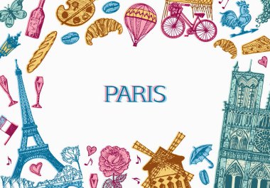 Paris 'in arka planı antika tarzında. Fransa posteri ya da afişi, Eyfel kulesi ve binalar. Retro karalama elementleri. Elle çizilmiş retro çizim. Antika eski monokrom tarzı.