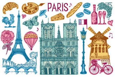 Paris klasik retro tarzında ayarlandı. Fransa, Eyfel Kulesi ve binalar. Retro karalama elementleri. Vektör çizimi. Elle çizilmiş retro çizim. Antika eski monokrom tarzı.