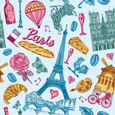Eskimiş modası geçmiş Paris tarzı kusursuz bir model. Fransa, Eyfel Kulesi ve binalar. Retro karalama elementleri. Vektör çizimi. Elle çizilmiş retro çizim. Tek renkli poster ya da afiş.
