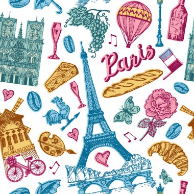 Eskimiş modası geçmiş Paris tarzı kusursuz bir model. Fransa, Eyfel Kulesi ve binalar. Retro karalama elementleri. Vektör çizimi. Elle çizilmiş retro çizim. Tek renkli poster ya da afiş.