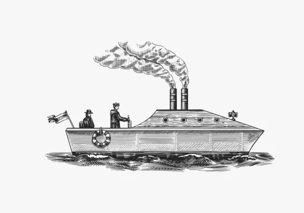 Яхта с матросами. Морское судно с паровым дымом из трубы, морской парусник. Водный транспорт и моряк в океане. Ручной рисунок в винтажном стиле. — стоковый вектор