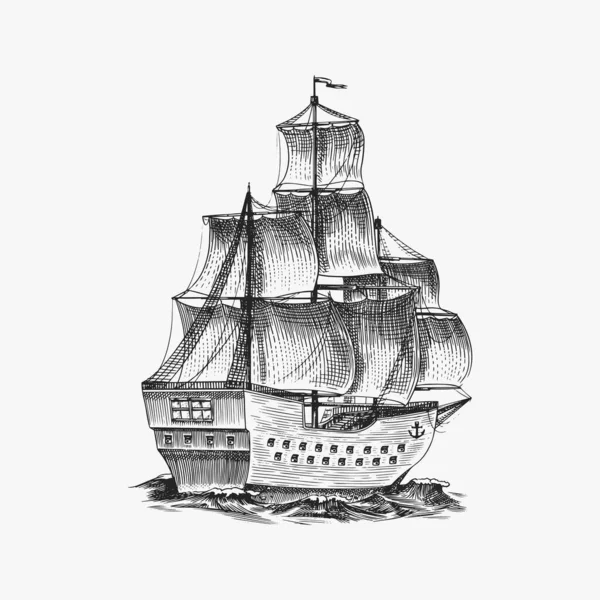 Sailboat in the sea, summer adventure, active vacation. Seagoing vessel, marine ship or nautical caravel. Water transport in the ocean for sailor and captain. Engraved hand drawn in vintage style. — Stock Vector