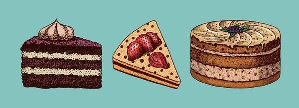 Pastel de cumpleaños. Postre de fruta o tarta. Producto de panadería elaborado a mano. Comida Dulce Celebratoria. Boceto grabado vintage. Ilustración vectorial para una pancarta o menú de un café y restaurante. — Vector de stock