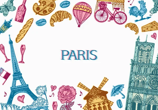 复古风格的巴黎背景。法国海报或横幅，埃菲尔铁塔和建筑物。复古涂鸦元素。手工绘制的复古草图。古老的单色风格. — 图库矢量图片