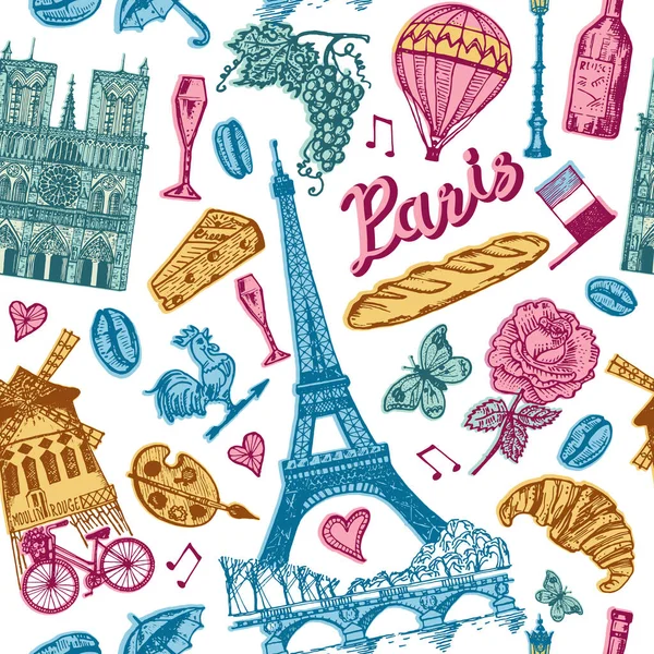 复古风格的巴黎无缝图案。法国埃菲尔铁塔和建筑物复古涂鸦元素。矢量图解。手工绘制的复古草图。单色海报或横幅. — 图库矢量图片