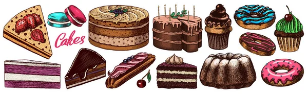 Kekler ve kremalı turtalar, meyveli tatlılar ve kekler. Çikolatalı çörek, tatlı yemek. El yapımı pastalar. Vintage oymalı eskiz. Bir kafe ve restoran pankartı veya menüsü için vektör illüstrasyonu. — Stok Vektör