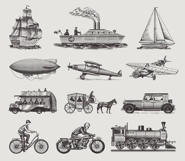 Denizaltı, tekne ve araba, motosiklet, at arabası. Zeplin veya zeplin, hava balonu, uçaklar mısır koçanı, lokomotif. Eski çizim tarzında oyulmuş el, klasik yolcu taşımacılığı.. — Stok Vektör