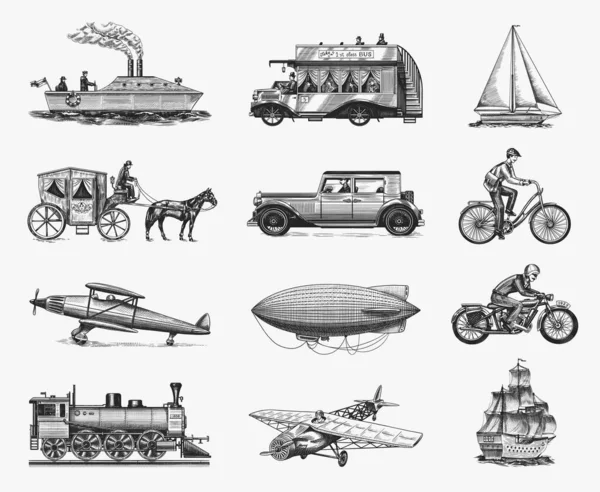 Tengeralattjáró, hajó és autó, motorkerékpár, lovas kocsi. léghajó vagy léghajó, léggömb, repülőgép kukorica, mozdony. vésett kézzel rajzolt régi vázlat stílusban, vintage utasszállítás. — Stock Vector