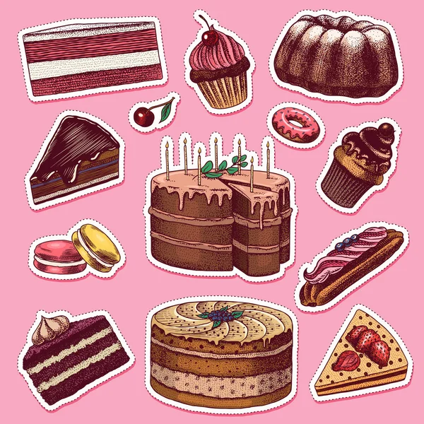 Taarten en slagroomtaartjes stickers. Fruit desserts en muffins label. Chocolade donuts, zoet voedsel. Handgetekende Vintage gegraveerde schets. Vector illustratie voor een banner of menu van een café en restaurant. — Stockvector