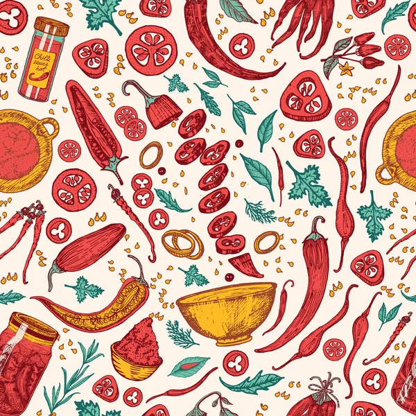 Красный острый перец чили. Бесшовный рисунок в винтажном стиле. Салат ингредиенты. Сельскохозяйственное растительное знамя или плакат. Векторная иллюстрация. Ручной выгравированный ретро эскиз. Предпосылки для меню ресторана — стоковый вектор