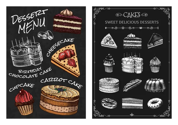 Cake menu. Hand drawn bakery product. Sweet Food on chalkboard. Vintage donut macaroon. Engraved sketch. Vector illustration for a banner of a cafe and restaurant. — Stock Vector